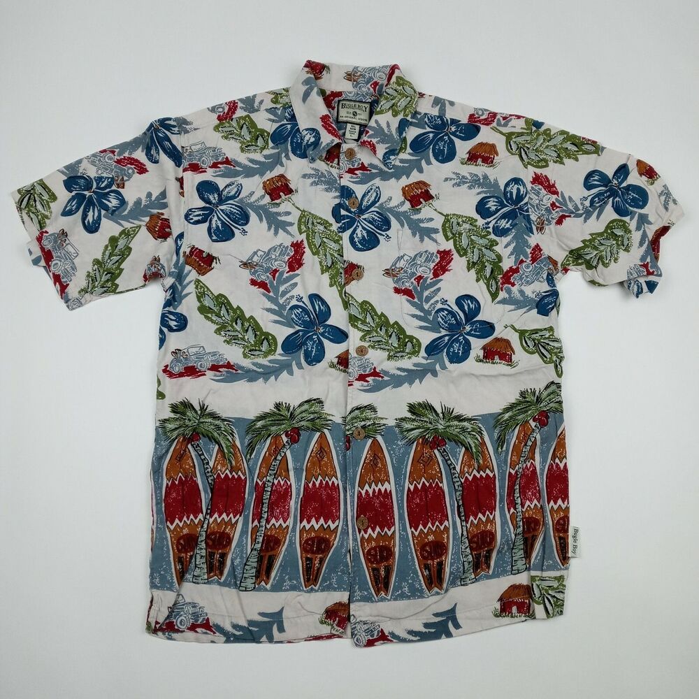 BUGLE BOY Hawaiian Shirt Vintage Men's Size Large Aloha Tropical Coconut Trees
